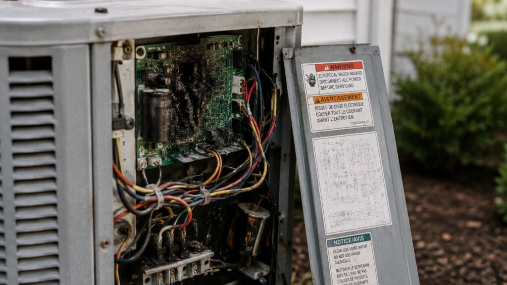 Close-up of a burnt and damaged HVAC control board showing scorched components and melted capacitors 