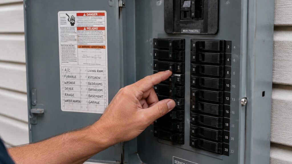 Main electrical breaker panel with labeled circuits for A/C, furnace, washer, dryer, range, water heater, and rooms; MAIN principal and SERVICE sections visible 