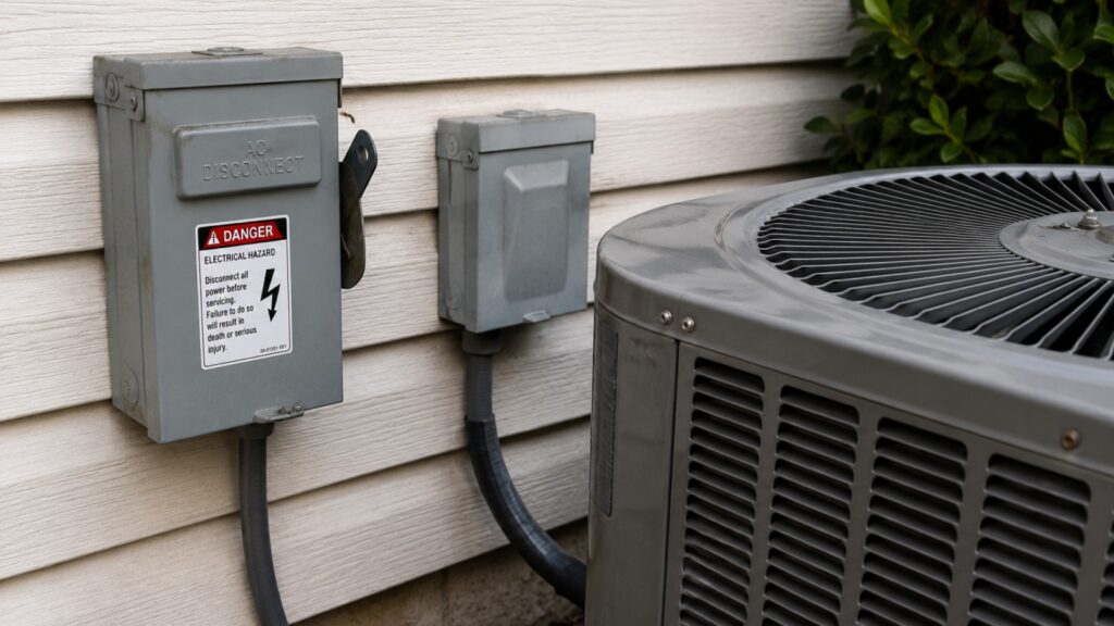 Gray outdoor AC disconnect box with warning label reading "DANGER ELECTRICAL HAZARD – Disconnect all power before servicing"